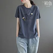 【初色】韓版純色字母花朵印花圓領短袖五分袖T恤上衣女上衣-共7色-39442(M-4XL可選) M 灰色