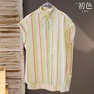 【初色】通勤風復古彩色條紋翻領單排釦蝙蝠袖寬鬆襯衫上衣女上衣-黃色-11864(M-2XL可選) M 黃色