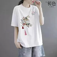 【初色】中國風扇子印花流蘇寬鬆圓領短袖T恤上衣女上衣-共5色-11425(M-3XL可選) M 白色