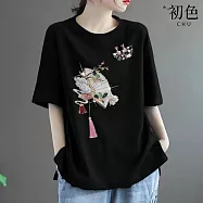 【初色】中國風扇子印花流蘇寬鬆圓領短袖T恤上衣女上衣-共5色-11425(M-3XL可選) L 黑色