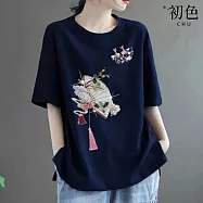 【初色】中國風扇子印花流蘇寬鬆圓領短袖T恤上衣女上衣-共5色-11425(M-3XL可選) M 藏青色