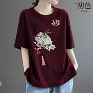 【初色】中國風扇子印花流蘇寬鬆圓領短袖T恤上衣女上衣-共5色-11425(M-3XL可選) 3XL 酒紅色