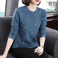 【初色】休閒韓版大碼寬鬆遮肚顯瘦圖案印花圓領長袖打底T恤上衣女上衣-共3色-11408(M-4XL可選) M 藍色