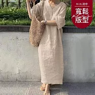 【慢。生活】V領棉麻短袖寬鬆口袋連衣裙 6757 FREE 杏色