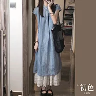【初色】立領復古旗袍風寬鬆顯瘦短袖氣質連身中長裙洋裝連衣裙長裙-藍色-11798(M-2XL可選) L 藍色