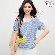 【初色】氣質造型拼接質感印花短袖T恤上衣女上衣-共11款任選-11535(M-2XL可選) L C.藍格