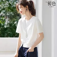 【初色】氣質造型拼接質感印花短袖T恤上衣女上衣-共11款任選-11535(M-2XL可選) L D.白色