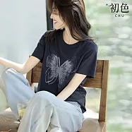 【初色】氣質造型拼接質感印花短袖T恤上衣女上衣-共11款任選-11535(M-2XL可選) L I.藏青色