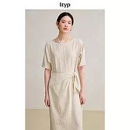 ltyp旅途原品 皺感肌理亞麻立裁圍裹式收腰連衣裙 優雅氣質長裙女 M L L 杏仁米