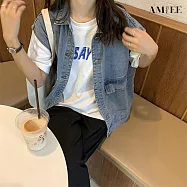 【AMIEE】潮流外穿無袖坎肩開衫牛仔馬甲外套(KDCY-5103) M 藍色