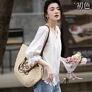 【初色】純色簡約文藝繡花流蘇繫帶圓領七分袖襯衫上衣女上衣-白色-11534(M-2XL可選) 2XL 白色