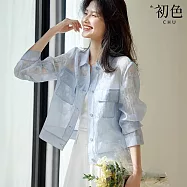 【初色】休閒輕薄清透緹花翻領襯衫排扣遮陽防曬空調寬鬆外套女外套-藍色-11540(M-2XL可選) XL 藍色