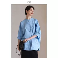 ltyp旅途原品100%匹馬棉新中式廓感襯衫女夏季別致小立領襯衣上衣 M L M 海鹽藍