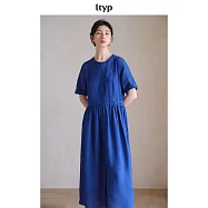 ltyp旅途原品 100%色織亞麻文藝連衣裙 簡約風短袖連衣裙女夏新款 M L M 克萊茵藍