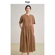 ltyp旅途原品 100%色織亞麻文藝連衣裙 簡約風短袖連衣裙女夏新款 M L L 胡桃棕