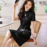 【初色】新中式盤扣修身顯瘦立領開襟短袖肌理感改良旗袍中長裙連衣裙連身洋裝-黑色-11615(M-2XL可選) M 黑色