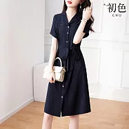 【初色】純色簡約收腰顯瘦氣質翻領短袖連衣裙連身洋裝長洋裝-藏青色-11616(M-2XL可選) M 藏青色