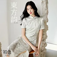 【初色】新中式國風立領盤扣緞面緹花修身旗袍開衩中長裙連衣裙-綠色-11646(M-2XL可選) M 綠色