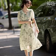 【初色】中式植物暈染印花珠飾領口拼接休閒古典短袖連衣裙連身洋裝長洋裝-花色-11617(M-2XL可選) M 花色