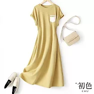 【初色】簡約純色顯瘦收腰A字圓領短袖連衣裙連身洋裝長洋裝-黃色-36124(M-3XL可選) M 黃色