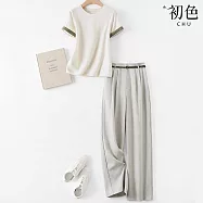 【初色】簡約風圓領撞色短袖T恤上衣女上衣+純色口袋西裝褲寬褲長褲套裝-共2色-11658(M-2XL可選) M 白衣綠褲