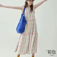 【初色】少女風拼接格紋減齡寬鬆圓領荷葉邊無袖連衣裙連身洋裝長洋裝-彩色格子-11647(M-2XL可選) M 彩色格子