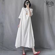 【初色】新中式棉麻風素色盤釦立領五分袖連衣裙連身洋裝長裙-白色-11816(M-2XL可選) L 白色