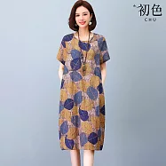 【初色】文藝減齡薄款寬鬆垂墜感圖案印花圓領短袖中長裙連衣裙連身洋裝-共3色-11868(M-2XL可選) M 藍紫色