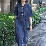 【初色】韓版拼接中大碼寬鬆顯瘦休閒V領短袖牛仔連衣裙連身洋裝長洋裝-藍色-11869(M-2XL可選) M 藍色