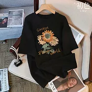 【初色】休閒時尚寬鬆中長款向日葵蝴蝶字母印花圓領短袖T恤上衣女上衣-共2款4色-11517.11518(M-3XL可選) 2XL 向日葵-黑色