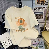 【初色】休閒時尚寬鬆中長款向日葵蝴蝶字母印花圓領短袖T恤上衣女上衣-共2款4色-11517.11518(M-3XL可選) L 向日葵-杏色