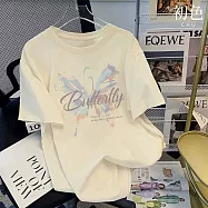 【初色】休閒時尚寬鬆中長款向日葵蝴蝶字母印花圓領短袖T恤上衣女上衣-共2款4色-11517.11518(M-3XL可選) XL 蝴蝶-杏色