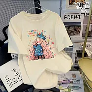 【初色】休閒透氣插畫風女孩印花減齡大碼寬鬆圓領短袖T恤上衣女上衣-共5色-11564.11565(M-3XL可選) 2XL 美麗公主-杏色