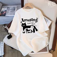 【初色】文藝風文字貓頭印花圓領短袖T恤上衣女上衣-共2款4色-11575.11576(M-3XL可選) M 大小貓咪-白色