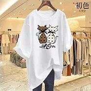 【初色】休閒寬鬆蝴蝶結白棕貓印花圓領短袖T恤上衣女上衣-共8色-11595(M-3XL可選) M 白色
