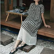 【ACheter】 格子圓領拼接連身裙休閒鬆弛感日系風格長版短袖洋裝# 124893 2XL 黑色