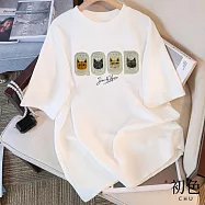 【初色】圓領短袖插圖貓咪印花休閒T恤上衣女上衣-共2款5色-11591.11592(M-3XL可選) M 復古貓牌-白色