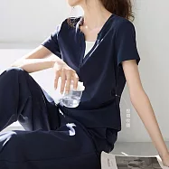 【MsMore】 撞色拼接T恤休閒短袖上衣長褲套裝運動風時尚2件式# 124999 XL 藏青色