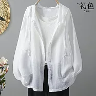 【初色】純色簡約遮陽防曬輕薄透氣抽繩連帽長袖排扣空調外套女外套-共4色-12590(M-2XL可選) XL 白色