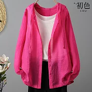 【初色】純色簡約遮陽防曬輕薄透氣抽繩連帽長袖排扣空調外套女外套-共4色-12590(M-2XL可選) XL 玫紅色