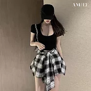 【AMIEE】性感U領短袖T恤上衣短褲兩件套(KDAY-330) M 圖片色