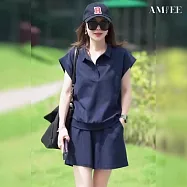 【AMIEE】時尚Polo領T恤運動短褲兩件套(KDAY-327) M 藏藍色