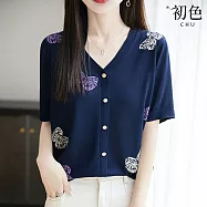 【初色】休閒薄款純色V領緹花蝴蝶單排釦短袖冰絲針織衫上衣女上衣-共2色-12427(M-3XL可選) M 藏青色