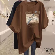 【初色】純色寬鬆圓領短袖藝術印花休閒T恤上衣女上衣-共10色-11611(M-4XL可選) M 咖啡色