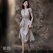 【初色】文青風通勤亞麻條紋鬆緊腰V領連肩袖連衣裙連身洋裝長洋裝-多色條紋-11914(M-2XL可選) M 多色條紋
