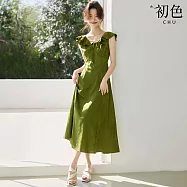 【初色】純色簡約荷葉邊收腰顯瘦圓領無袖連身裙中長裙連衣裙連身洋裝長裙-綠色-11929(M-2XL可選) M 綠色