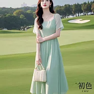 【初色】法式純色簡約拼接薄紗雪紡方圓領短袖收腰顯瘦中長裙連衣裙連身洋裝長裙-綠色-11940(M-2XL可選) M 綠色