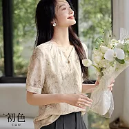 【初色】水墨暈染肌理感輕薄不規則鈕扣反摺短袖襯衫上衣女上衣-花色-12076(M-3XL可選) M 花色