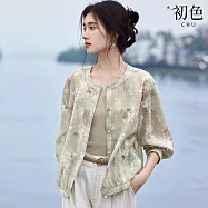 【初色】新中式復古肌理感暗花印花圓領輕薄防曬遮陽長袖寬鬆襯衫式外套女外套-花色-12033(M-3XL可選) L 花色