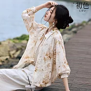 【初色】印花暈染襯衫式遮陽防曬翻領長袖拉鍊輕薄寬鬆外套女外套-咖色-12035(M-3XL可選) XL 咖色